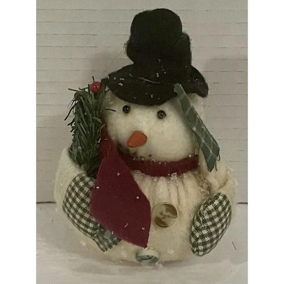 Snowman Plush‎ Black Hat Red Scarf Green Plaid Mittens Christmas Ornament 5” - Picture 1 of 2